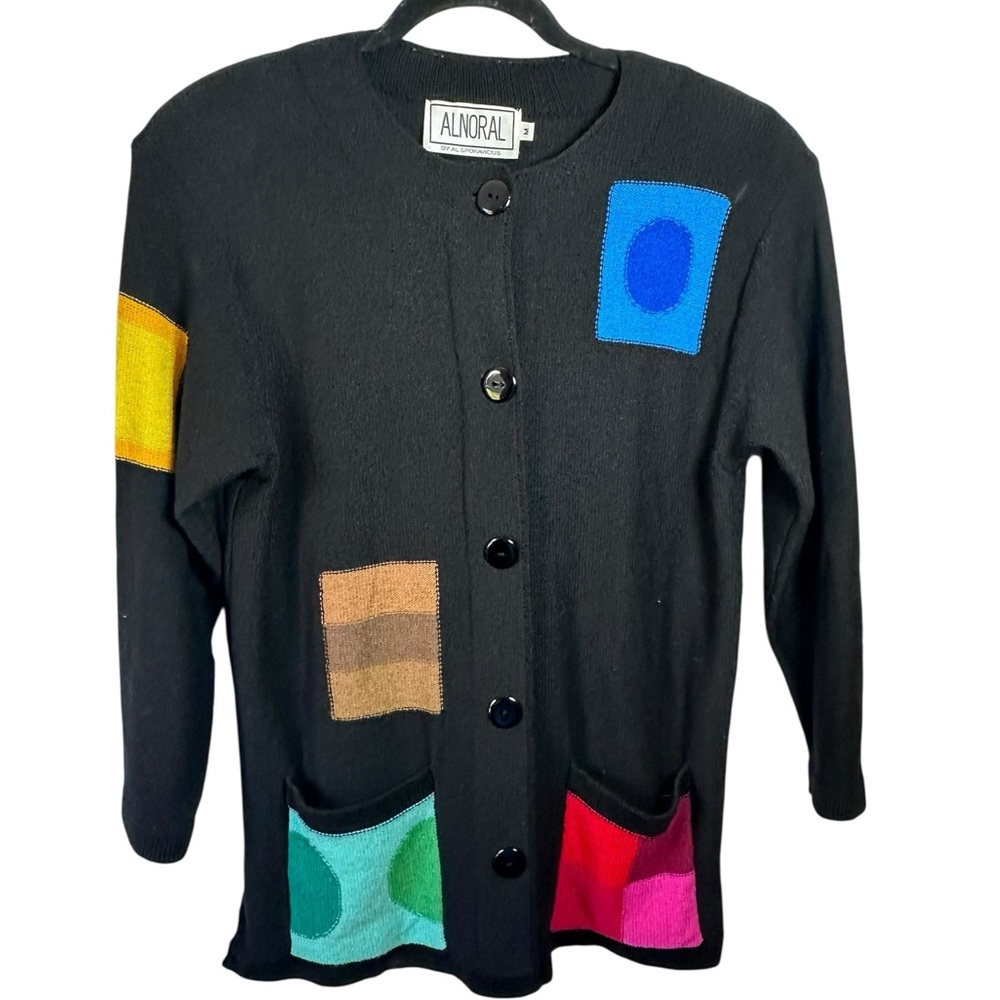 Alnoral Black Colorblock Cardigan Size M‎ Wool Blend Made in USA Vintage Preppy